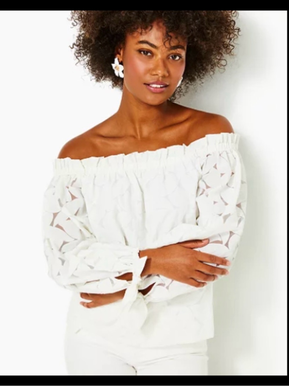 Lilly Pulitzer White Jamielynn Off-Shoulder Eyelet Tie-Sleeve Top